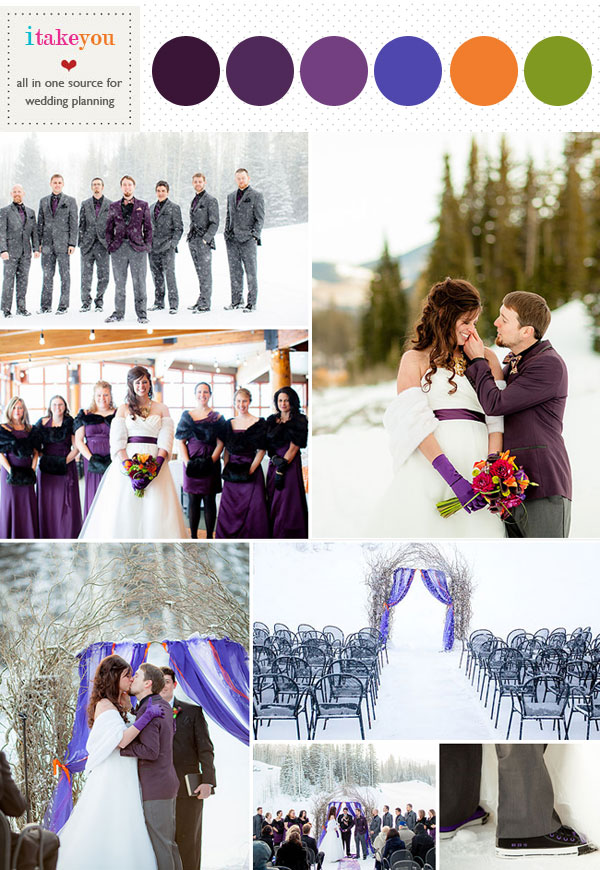 Green, Orange & Purple Winter wedding, winter wedding in snow