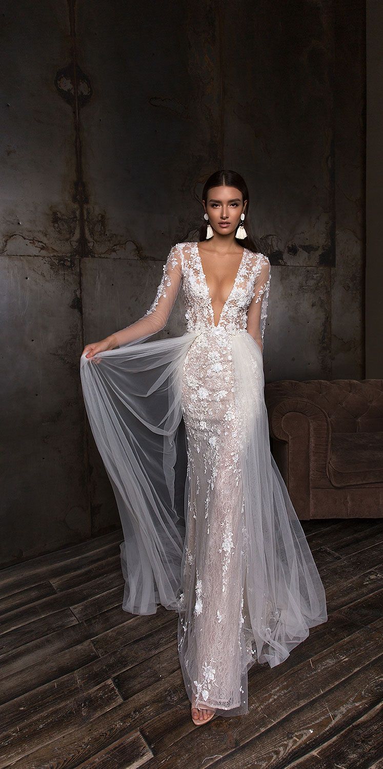 V neck long sleeves heavy embellishment fit and flare wedding dress detachable skirt : Crystal Design wedding gown #weddinggown #weddingdress #bridalgown 
