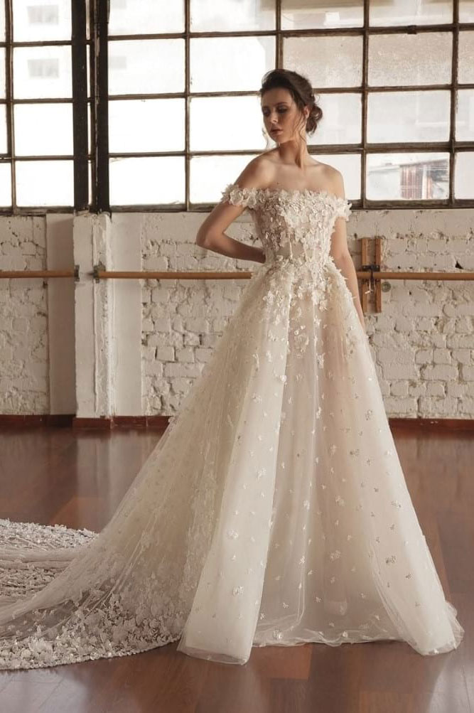 off the shoulder a line wedding gown - Chana Marelus Wedding Dresses – Fall 2018-2019 Bridal Collection #wedding #weddingdress #weddinggown #bridedress  wedding dress