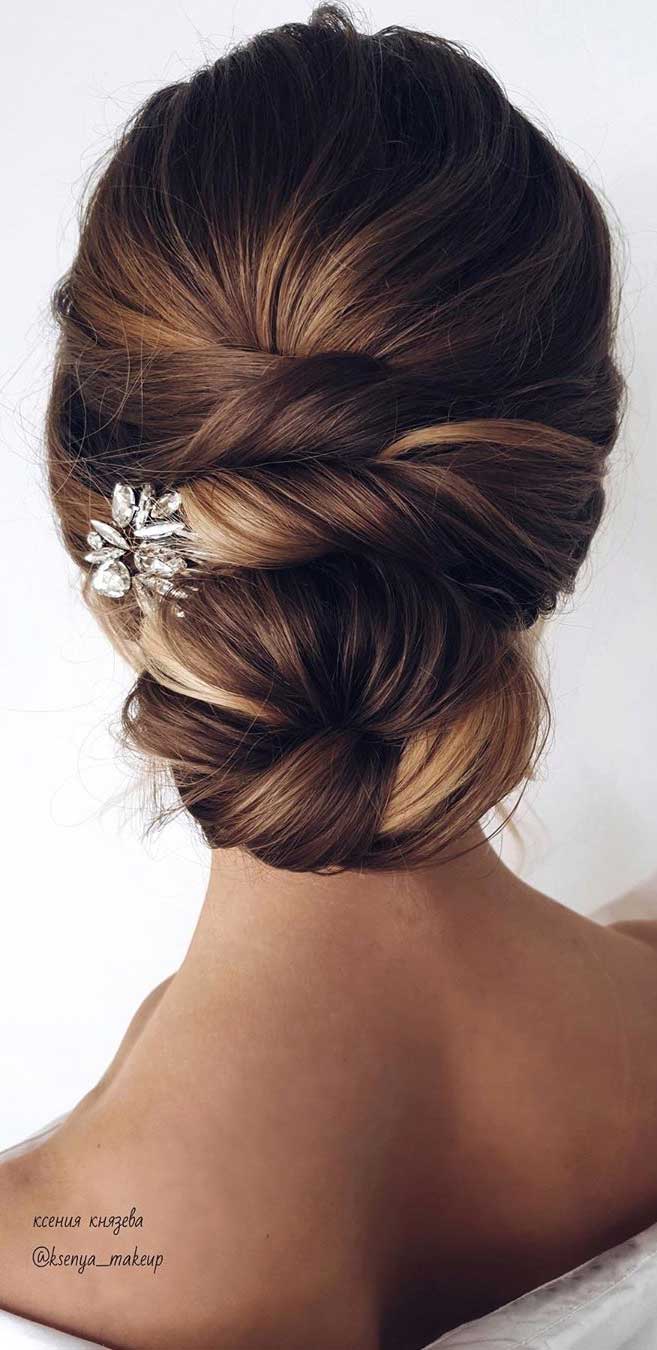 59 Gorgeous Wedding Hairstyles in 2022 : Sleek Low Bun with Rhinestones