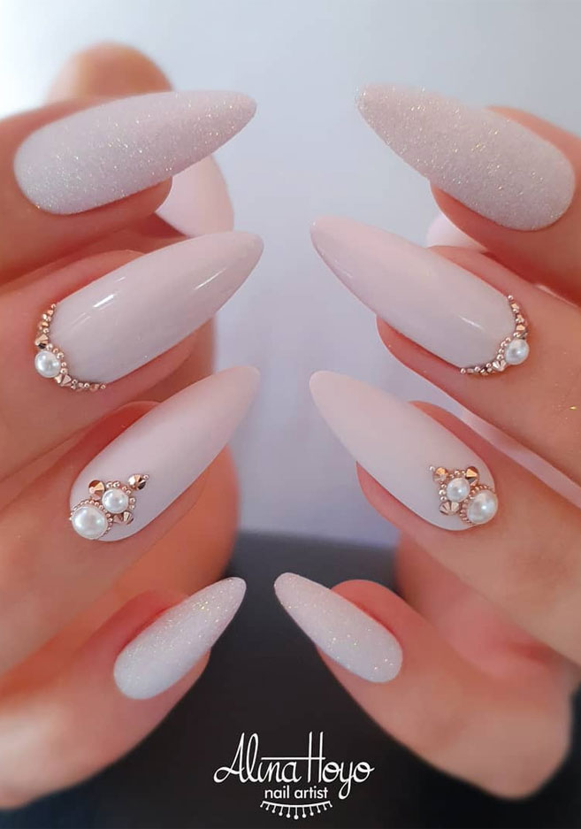 57 Gorgeous Wedding Nail Designs for Brides, bridal nails 2019,wedding nails bride,wedding nails with glitter, nails for wedding guest #weddingnails #nails #bridenails #glitternails #bridalnails