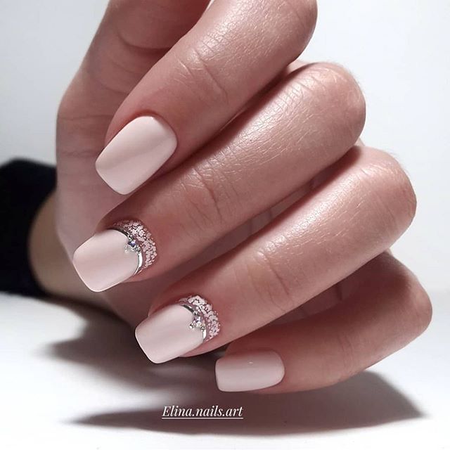 Stunning wedding nail art designs : Square light pink & gem accent