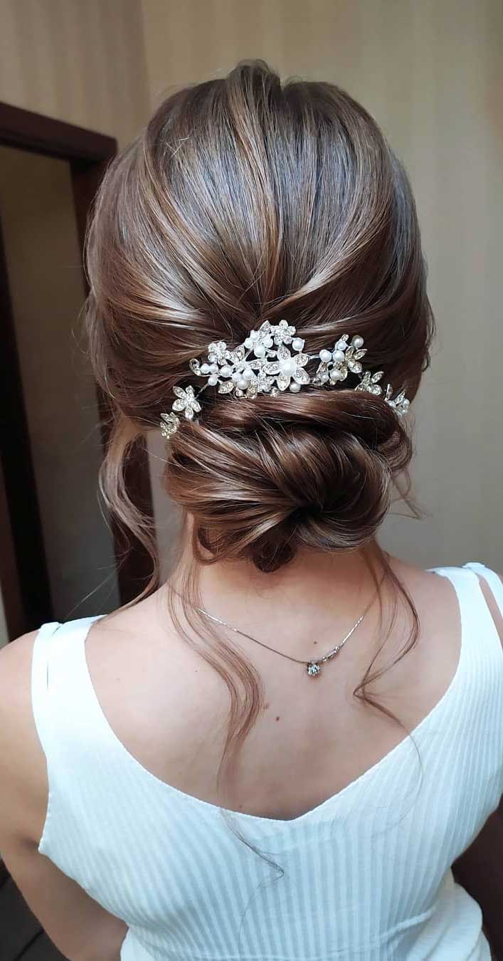 75 romantic bridal hairstyles, hairstyles for weddings long hair, wedding updos with braids, wedding updos, bridal updos , messy updo hairstyles ,hairstyle #hairstyle #weddinghair #updo #upstyle elegant bridal hairstyle