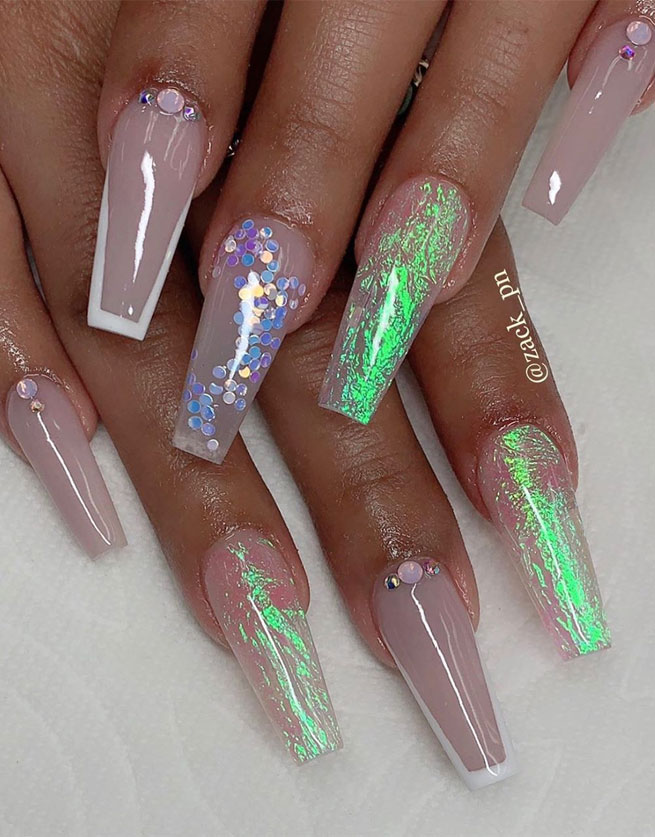 glitter mismatched nail art designs, nail design ideas #nailart #naildesigns