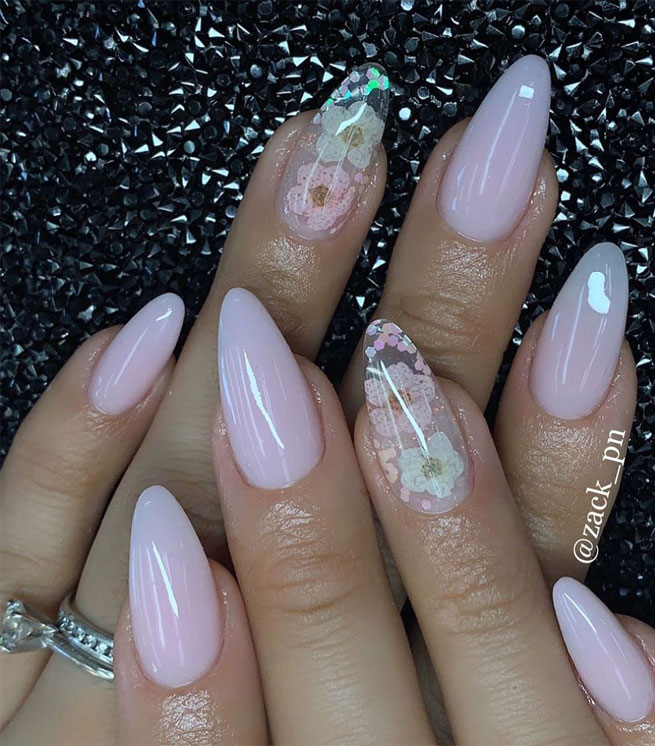 Beautiful Nail Art Designs 2021 : Transparent Flower Pressed Nails