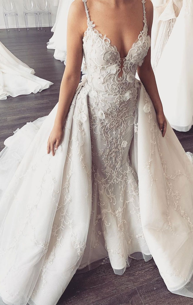 thin strap wedding dress with removable skirts, wedding dresses, most beautiful wedding dresses, wedding dress ,wedding gown #weddingdresses #weddinggowns