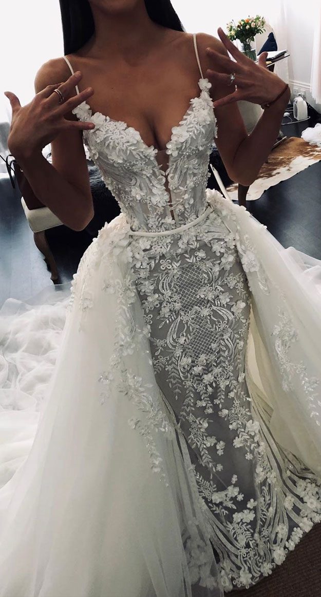 spaghetti strap 3d floral applique wedding dress with removable skirt, wedding dresses, most beautiful wedding dresses, wedding dress ,wedding gown #weddingdress #bridedresses 