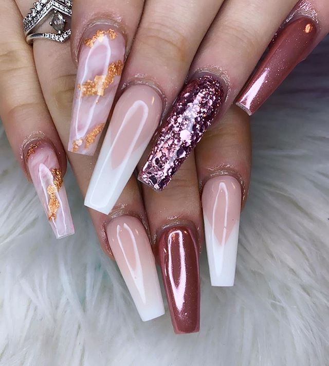 Beautiful Nail Art Designs 2021 : Gold Foil and Rose Gold Coffin Nails