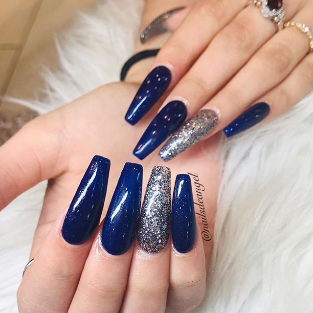 Buy Navy Blue Nails With Glitter and Crystals. Long Press on Nails With  Crystals. Bling Nails. Different Shapes and Lengths Available. Online in  India - Etsy