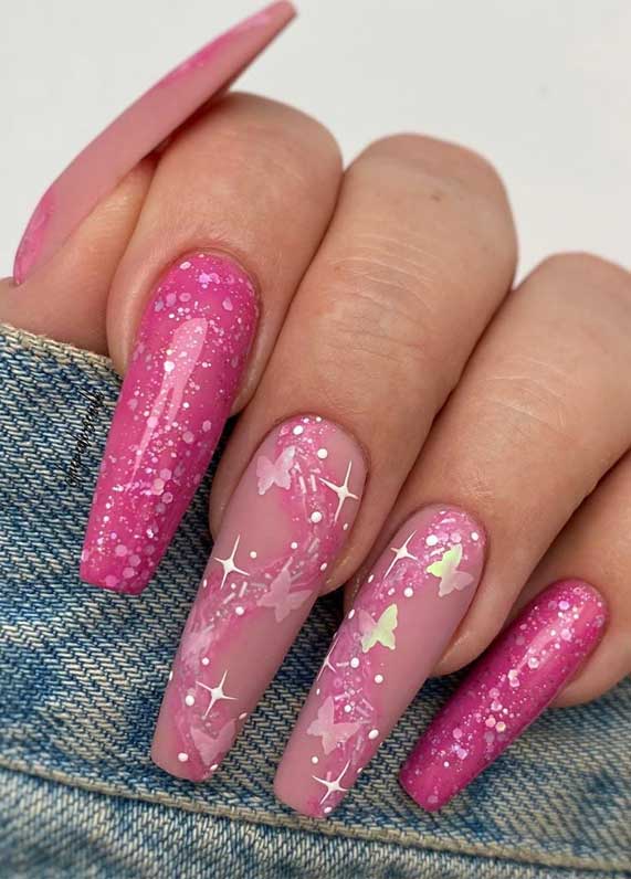 nail art designs, pink nails, acrylic nail art ideas #nailart glitter nails, glitter nail art designs, ombre nail art designs, glitter nails, nail trends 2020, nail trends summer 2020, mismatched nail art designs, pink and glitter nails #summernails spring nail art designs