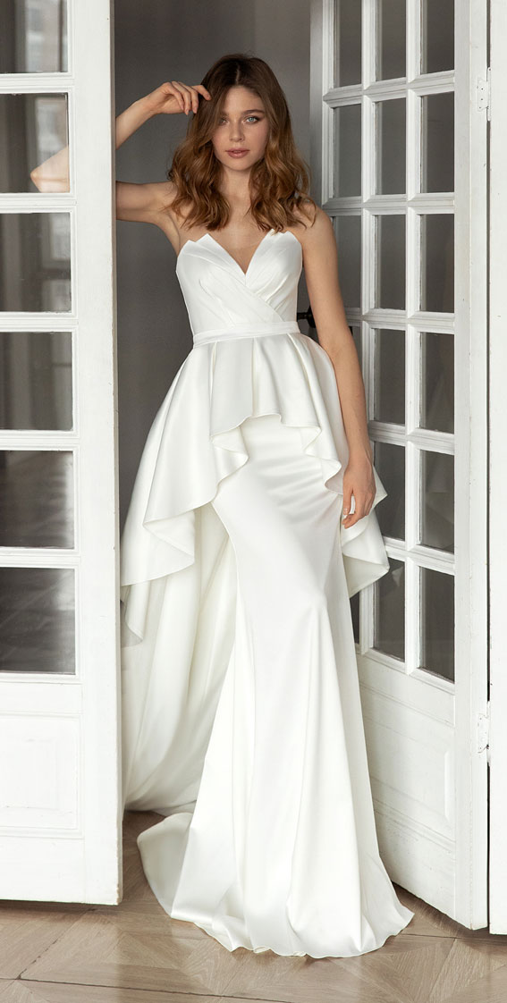 eva lendel wedding dress, eva lendel wedding dresses, eva lendel bridal, eva lendel bridal 2021, elegant wedding dress, mermaid satin wedding dress with asymmetrical elements and long train #wedding #weddinggown #weddingdresses #weddingdress #bridalgown #bride