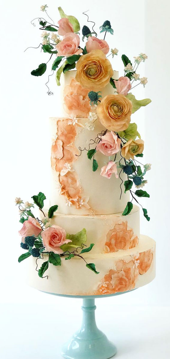 These wedding cakes are works of art : Peach tone hand painted cake