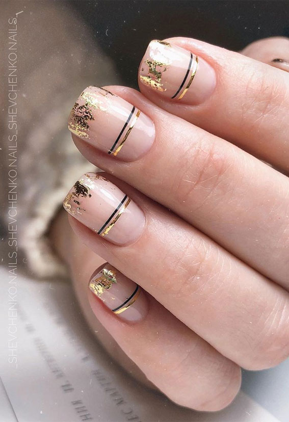 minimalist nail designs, pink glitter nails, short nail art designs 2020, short nails, short nail art, pink nails, neutral nails, gold leaf nails, mix and match nails