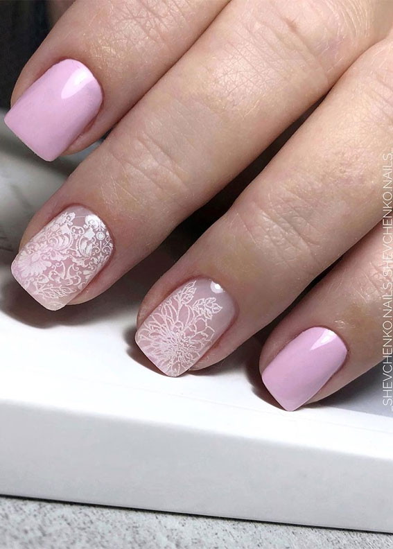 pink nails, short nail art designs 2020, short nails, short nail art, pink nails, neutral nails, gold leaf nails, mix and match nails