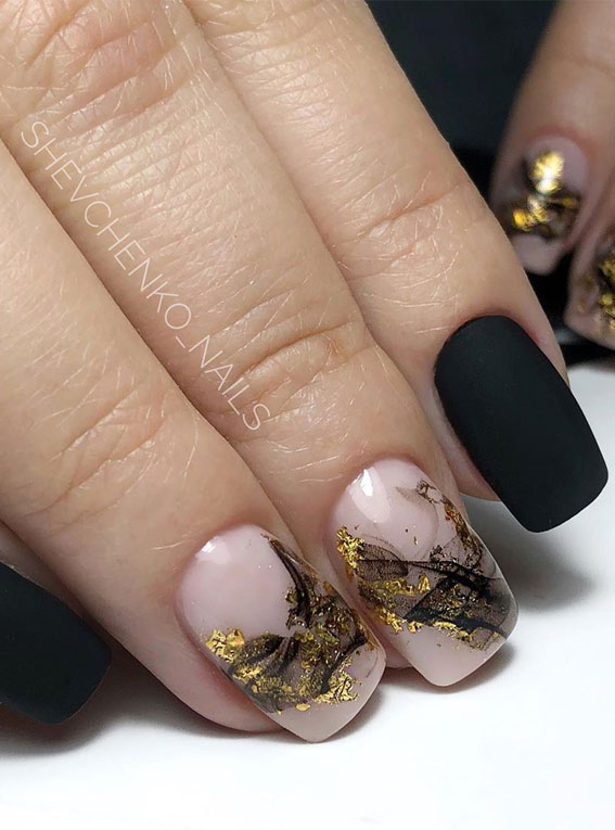 minimalist nail designs, pink glitter nails, short nail art designs 2020, short nails, short nail art, pink nails, neutral nails, gold leaf nails, mix and match nails