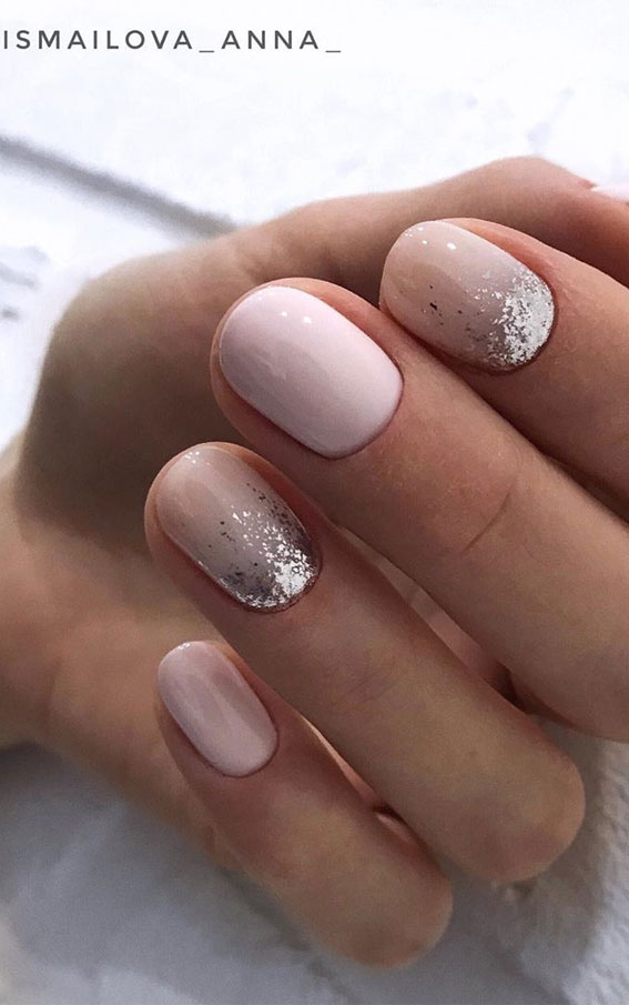 pink glitter nails, short nail art designs 2020, short nails, short nail art, pink nails, neutral nails, gold leaf nails, mix and match nails