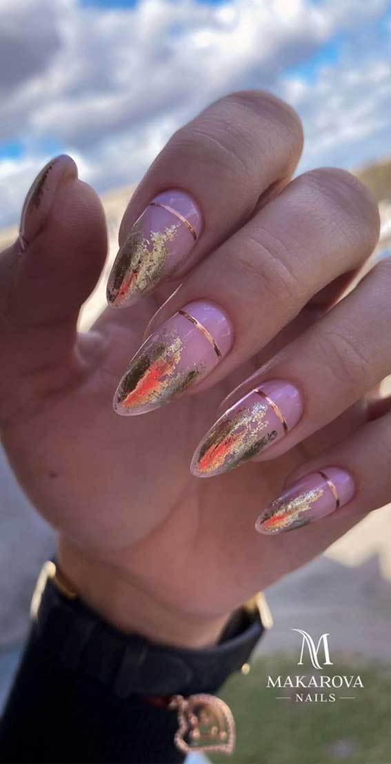 almond shaped nail art designs 2020, short nails, short nail art, pink nails, neutral nails, gold leaf nails, mix and match nails