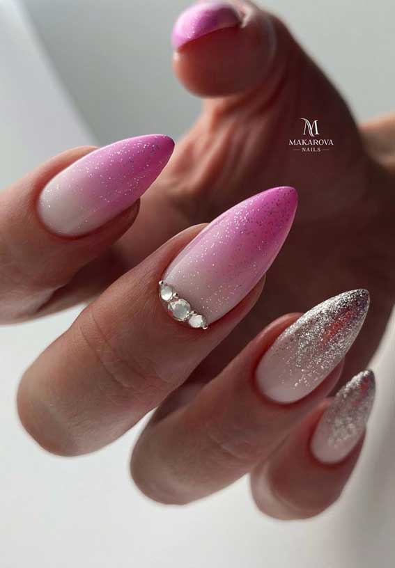 pink ombre nails, glitter ombre nails, ombre nails, almond shaped nails, nail art designs #nailart #naildesigns