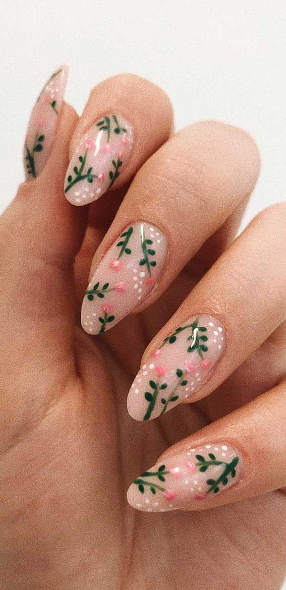 Floral nail designs, neutral nails , nail art, floral painted on nails, floral painted nails#floralnails #nailgoals #nailideas #longnails #pinknails #nudenails #goldnails