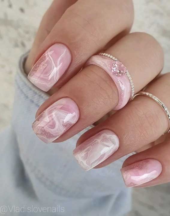 Rose coloured gel nails with marble | Nails, Water marble nail art, Water marble  nails