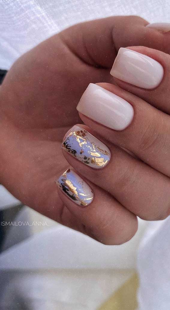  nail art designs 2020, short nails, short nail art, pink nails, neutral nails, gold leaf nails, mix and match nails