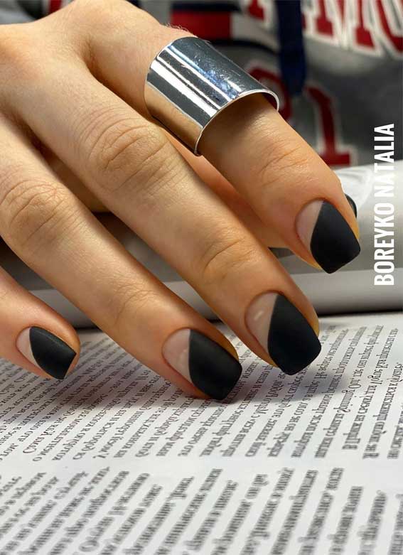 black matte nails with glitter, black matte nails, black matte neutral nails , black matte nails with design, matte black nail polish, matte black nail designs