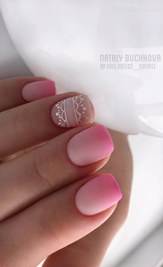 Pretty Neutral Nails Ideas For Every Occasion – Hot pink nails with lace details