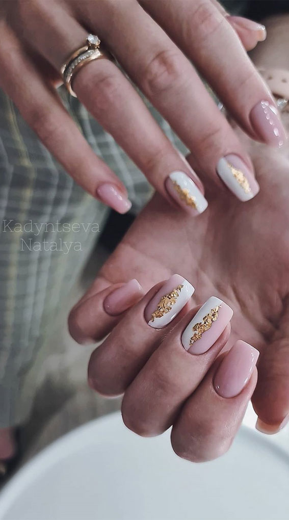 48 Most Beautiful Nail Designs to Inspire You –  Nude Pink Nails With Gold Foil Details