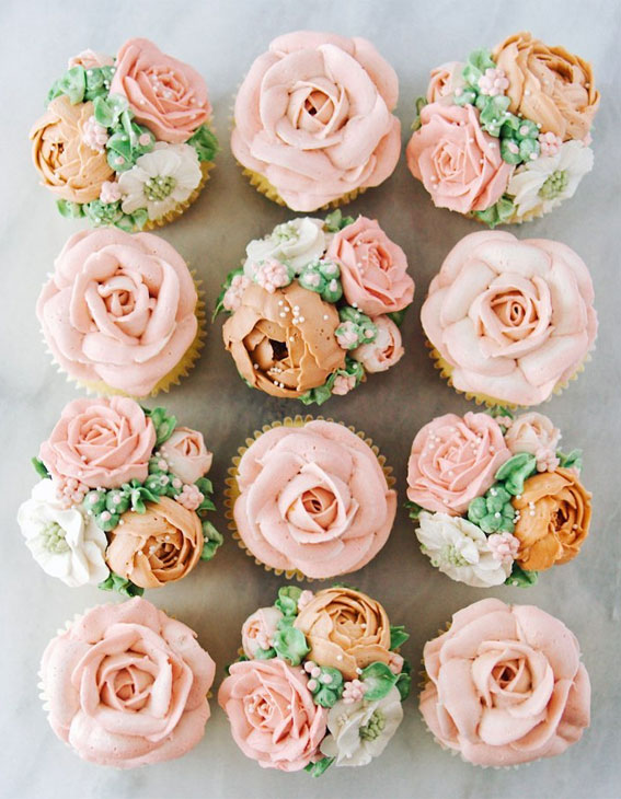 59 Pretty Cupcake Ideas for Wedding and Any Occasion : Pink large roses