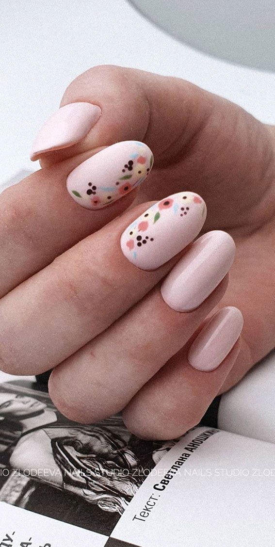 49 Cute Nail Art Design Ideas With Pretty & Creative Details : Blush Pink Nails with Flowers