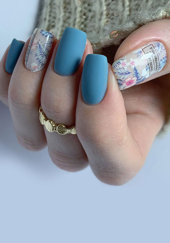 49 Cute Nail Art Design Ideas With Pretty & Creative Details : Blue Matte Nails with Flowers