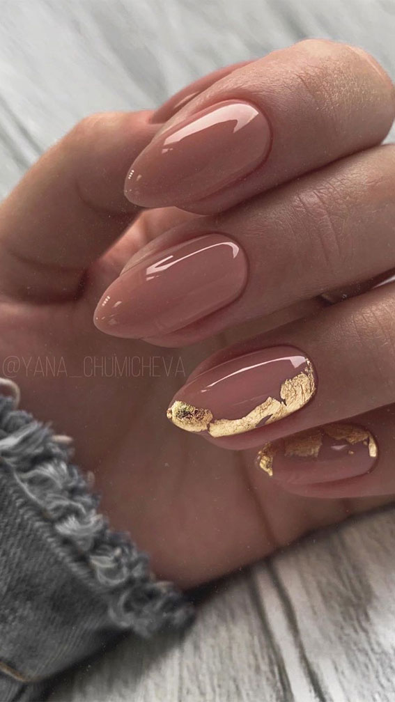49 Cute Nail Art Design Ideas With Pretty & Creative Details : Nude nails with gold leaf