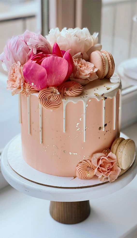 37 Pretty Cake Ideas For Your Next Celebration : Peach cake with white icing drip