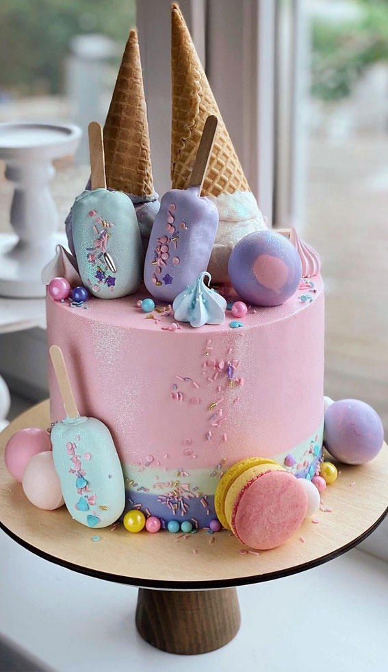 37 Pretty Cake Ideas For Your Next Celebration : Pink cake with blue and lilac accent