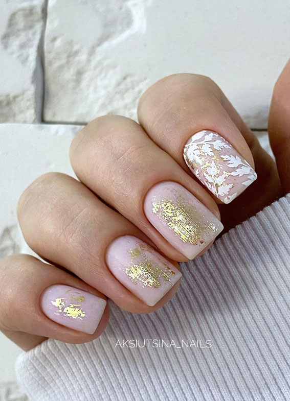 49 Cute Nail Art Design Ideas With Pretty & Creative Details : White leaf & gold foil