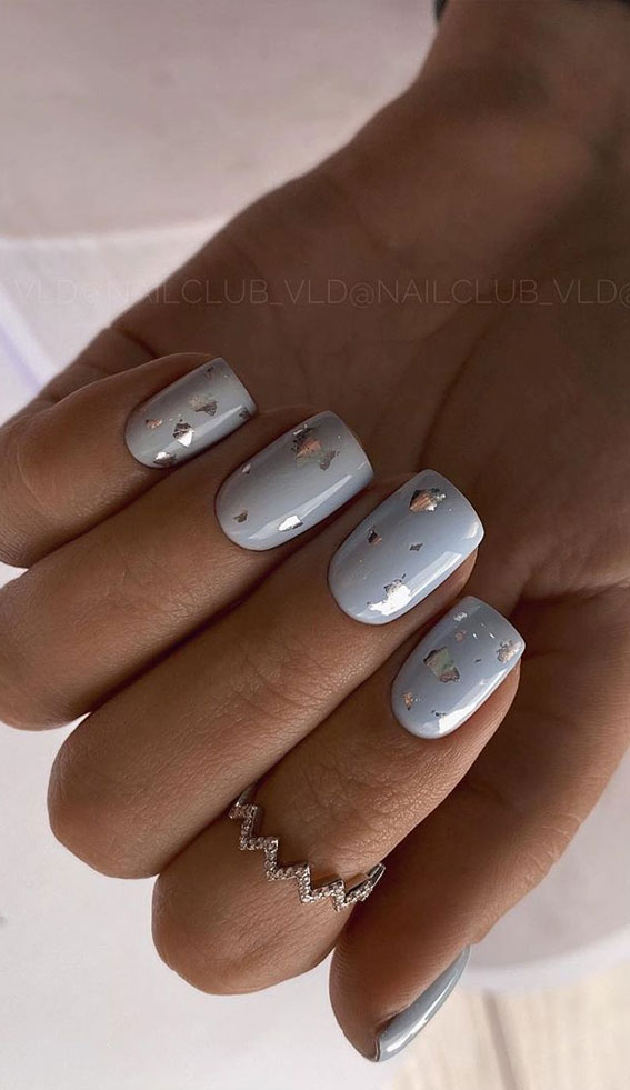 baby blue nails, baby blue nails with gold leaf, short nails, soft blue nails #nails #nailart
