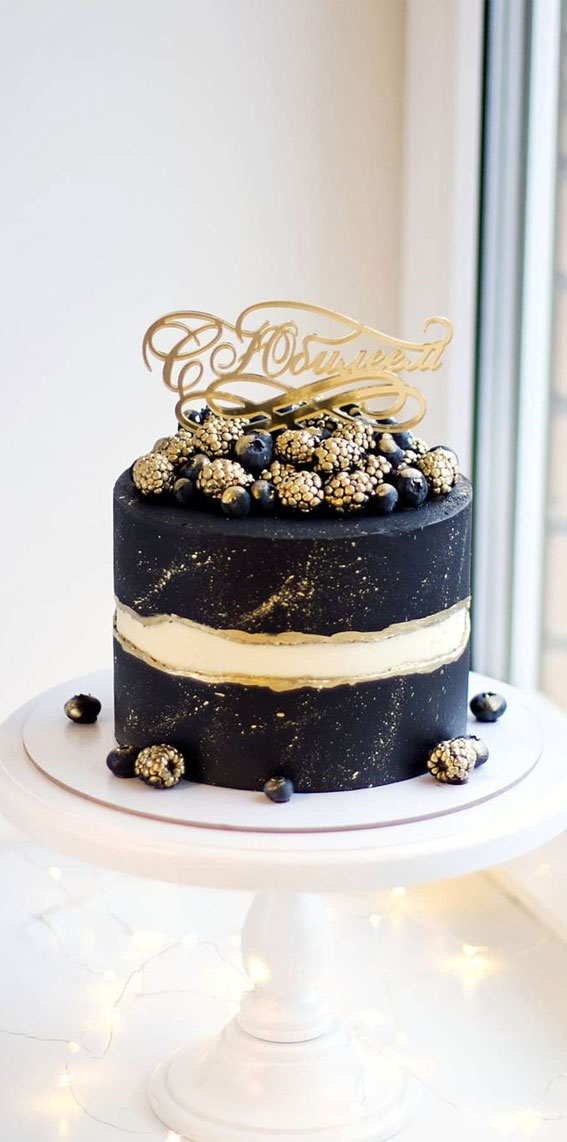 two tone birthday cake, black birthday cake, black and gold birthday cake