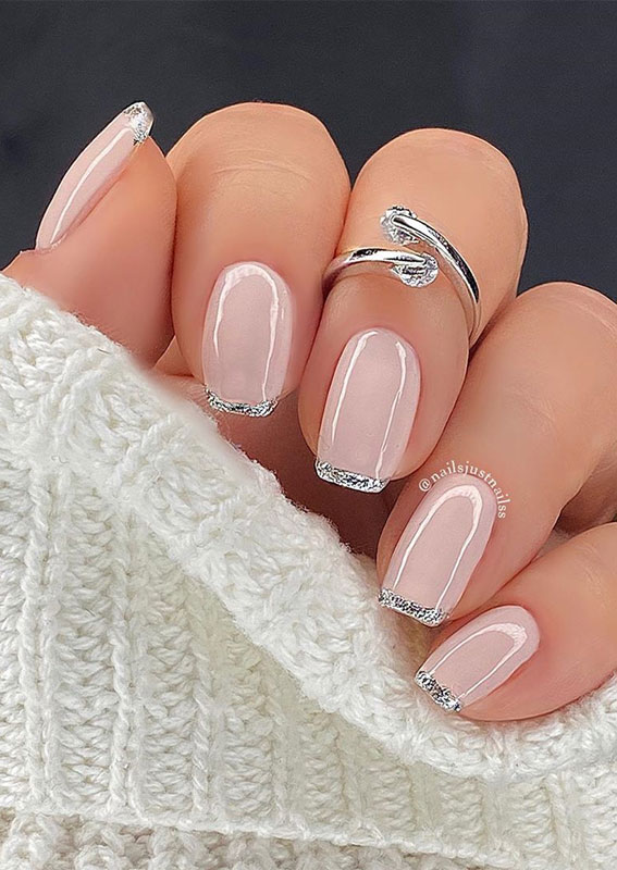 33 Way to Wear Stylish Nails :  Silver Glitter French Nails