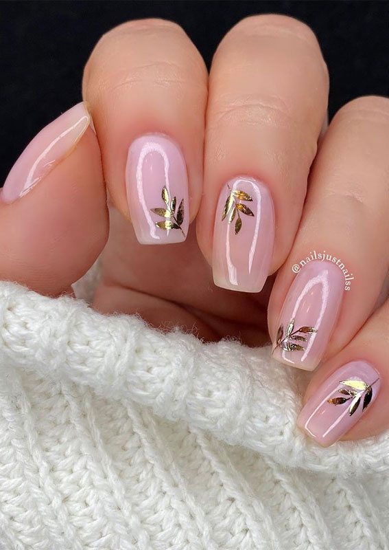 nude nails, clear nails, pink nude nails with gold leaf, gold leaf nails, wedding nails, nail art designs 2020, wedding nail designs 2020