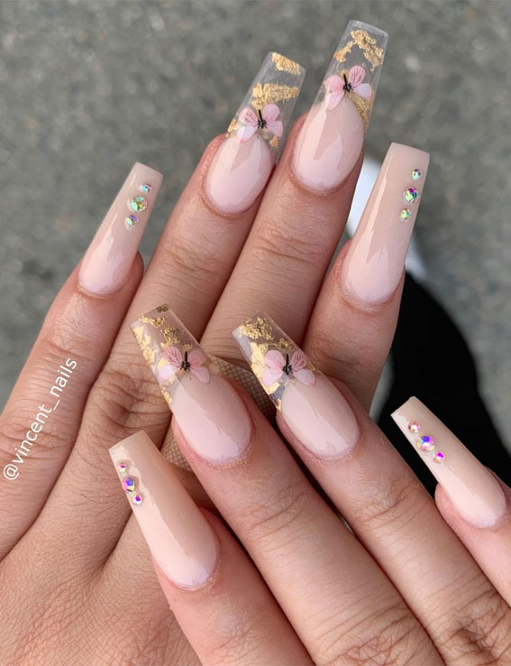 33 Way to Wear Stylish Nails : Nude nails with butterfly and gold foil