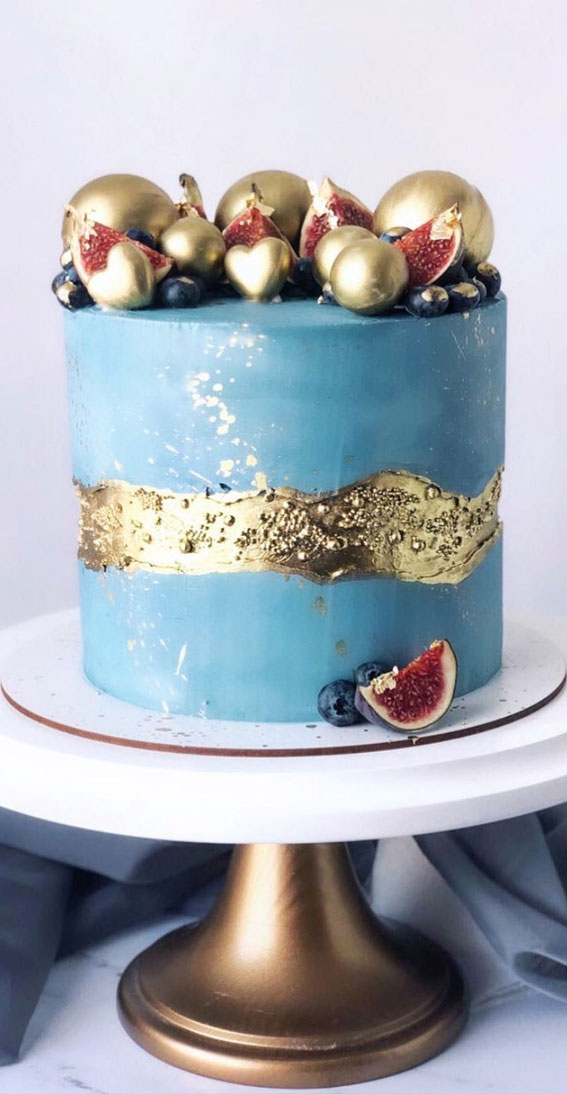 47 Cute Birthday Cakes For All Ages :  Blue and gold cake