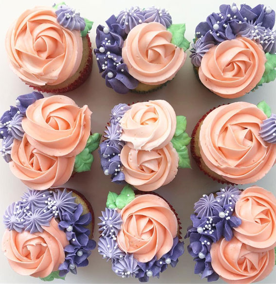 59 Pretty Cupcake Ideas for Wedding and Any Occasion : Violet and Creamy Peach Buttercream