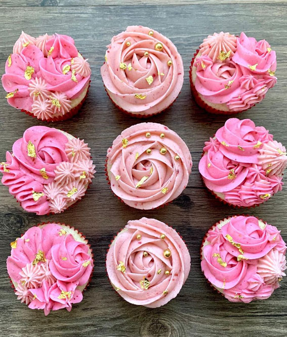 59 Pretty Cupcake Ideas for Wedding and Any Occasion : Pink buttercream with gold sprinkles