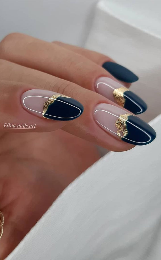 33 Way to Wear Stylish Nails : navy blue & gold nails
