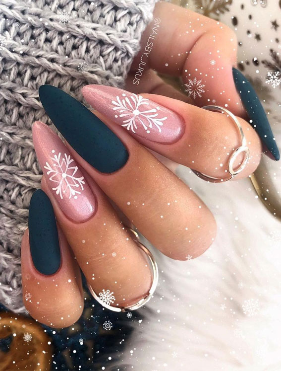 Festive Christmas Nail Art Ideas : Navy blue and pink Christmas Nails