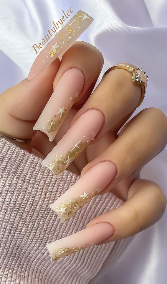 Most Beautiful Nail Designs You Will Love To wear In 2021 : White stars & Gold foil