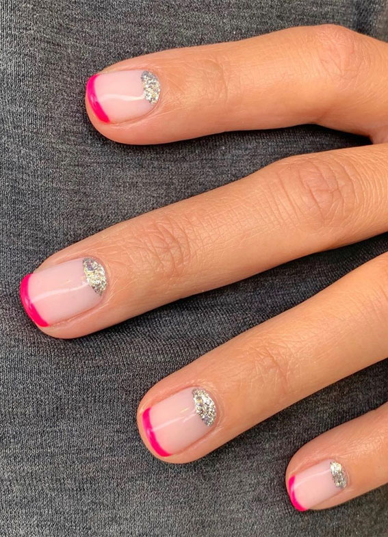 Most Beautiful Nail Designs You Will Love To wear In 2021 : Hot pink French  mani & silver half moon nails