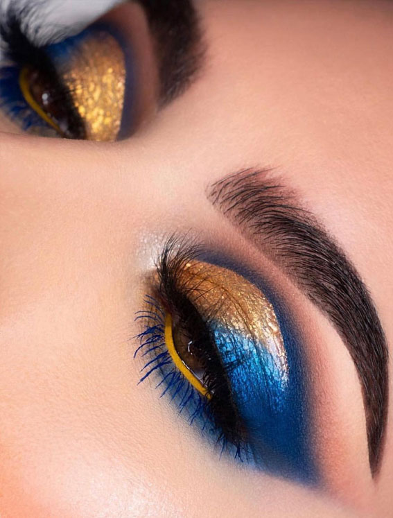 Gorgeous Makeup Trends To Be Wearing in 2021 : Half gold half blue Makeup Look