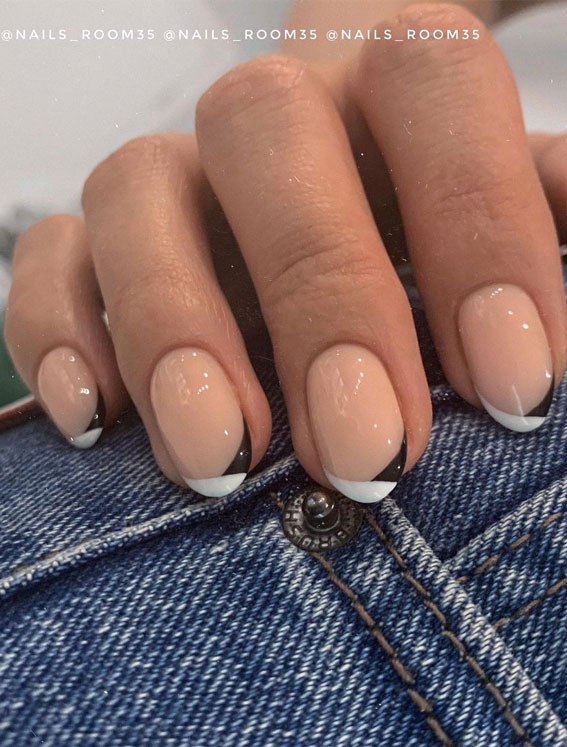 pink nails, french nail tips, modern french twist, pink nails with black and white tips, french nail tip ideas #frenchnails #nails #naildesigns2021 nail designs 2021
