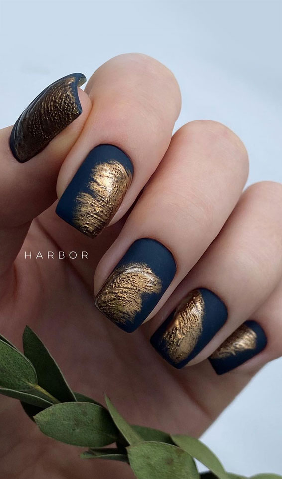 blue and gold nail art , dark blue and gold nail art designs, nail trends 2021, short nail designs 2021, nail art designs, dark nail colours